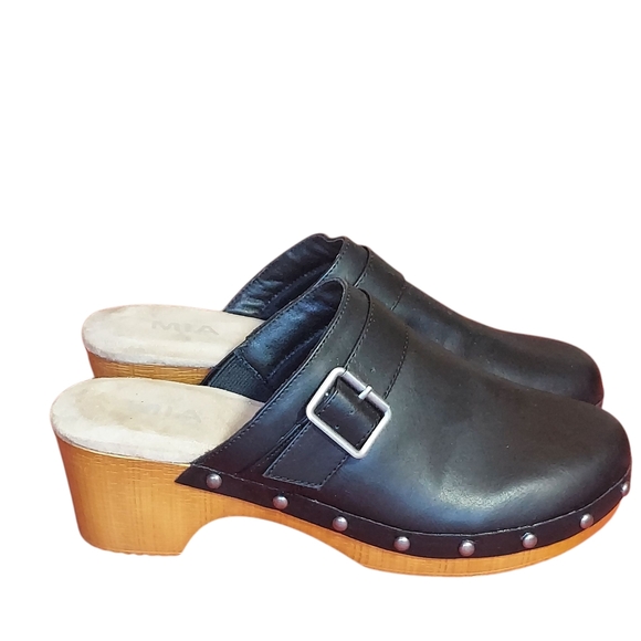 MIA Black Vegan Leather Silver Studded Clogs with Wooden Heel - Picture 2 of 14